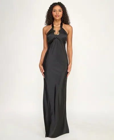 Seni & Cade Juniors' Halter Neck Hardware Trim Satin Long Gown In Black