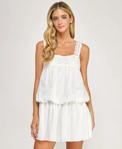 Seni & Cade Juniors' Lace Straps Square Neck Short Dress In White