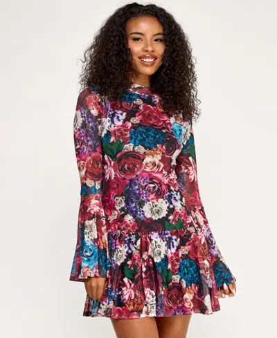 Seni & Cade Juniors' Long Sleeve Printed Mesh Drop Waist Dress In Pink