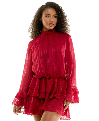 Seni & Cade Juniors' Mock Neck Long Sleeve Blouson Mini Dress In Red
