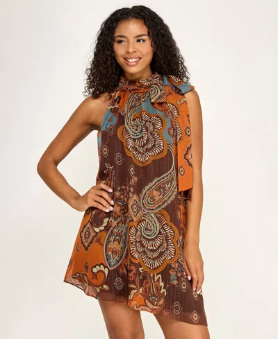 Seni & Cade Juniors' Mock Neck Paisley Print Short Dress In Multi