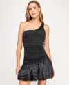 Seni & Cade Juniors' One-shoulder Drop Waist Satin Bubble Skirt In Black