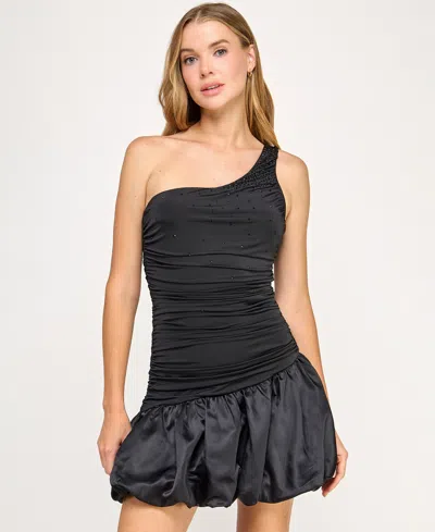 Seni & Cade Juniors' One-shoulder Satin Fit & Flare Dress In Black