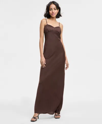 Seni & Cade Juniors' Pintuck Satin Sleeveless Column Gown In Brown
