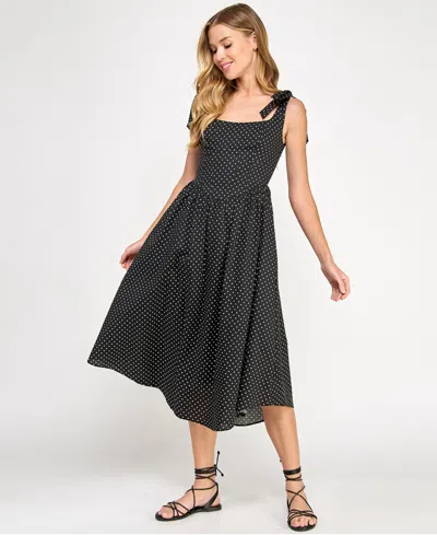 Seni & Cade Juniors' Polka-dot Shoulder-tie Midi Dress