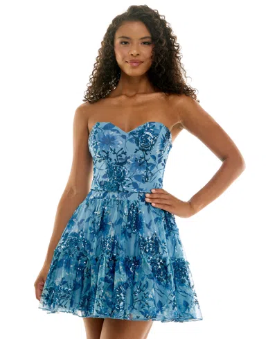 Seni & Cade Juniors' Printed Floral Sequins Corset Mini Dress In Blue