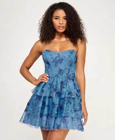 Seni & Cade Juniors' Printed Glitter Strapless Dress In Blue