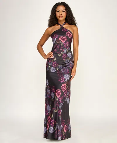 Seni & Cade Juniors' Printed Halter Neck Gown In Purple