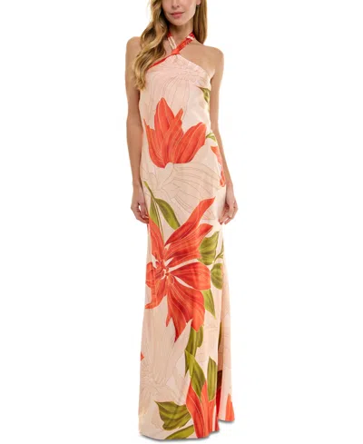 Seni & Cade Juniors' Printed Halter-neck Satin Long Dress In Peach,rust