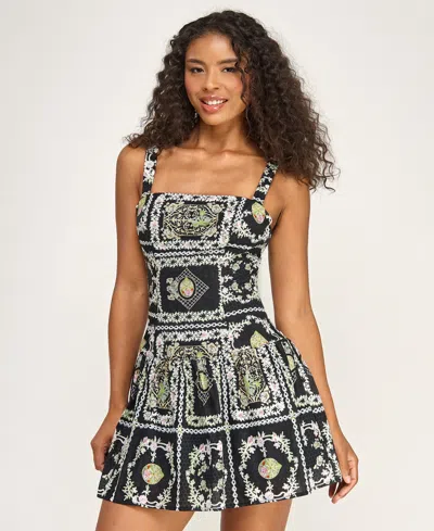 Seni & Cade Juniors' Printed Square Neck Eyelet Drop Waist Short Dress In Multi