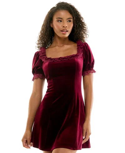 Seni & Cade Juniors' Puff-sleeve Velvet Fit & Flare Dress In Burgundy