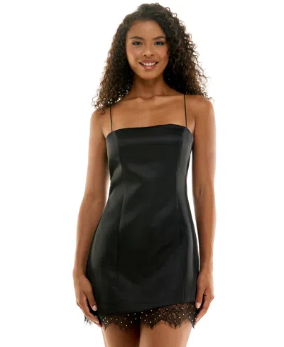 Seni & Cade Juniors' Rhinestone Lace Hem Short Slim Dress In Black