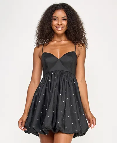 Seni & Cade Juniors' Rhinestone-trim Taffeta Fit & Flare Dress In Black