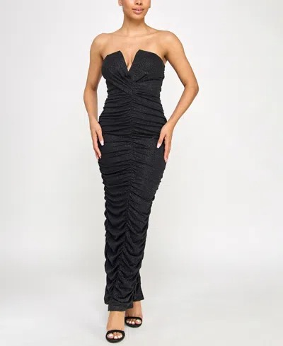 Seni & Cade Juniors' Ruched Strapless Metallic-knit Gown