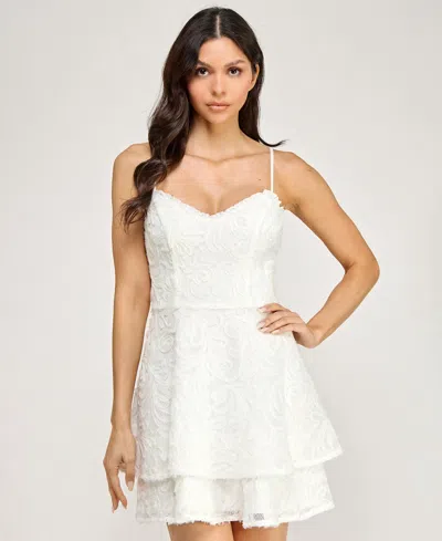 Seni & Cade Juniors' Ruffle Neck Double Tiered Short Dress In White
