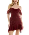 Seni & Cade Juniors' Ruffle-trim Cutout Beaded Mini Dress In Oxblood