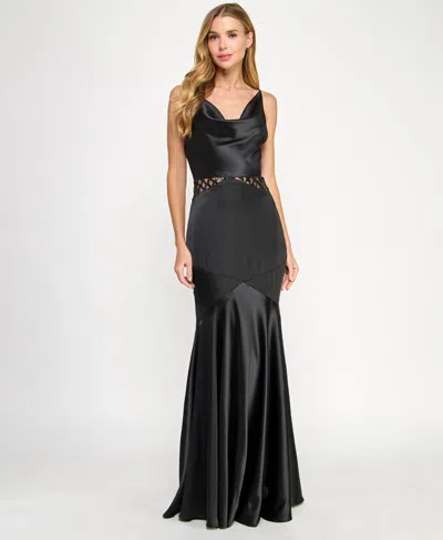Seni & Cade Juniors' Satin Cowlneck Cutout Gown In Black