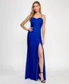 Seni & Cade Juniors' Satin Side-slit Ruched Gown In Royal