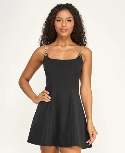 Seni & Cade Juniors' Scoop Neck Chain-link Straps Flared Dress In Black