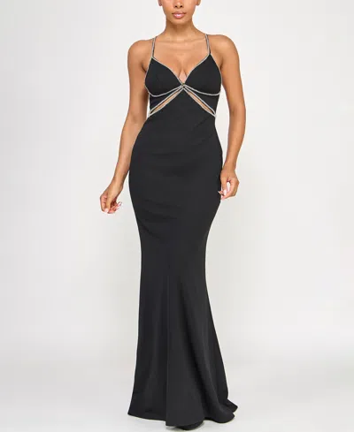 Seni & Cade Juniors' Scuba Rhinestone Cut Out Gown In Black