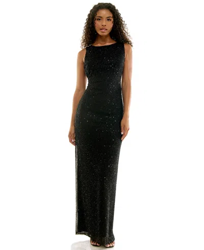 Seni & Cade Juniors' Sequin Boat Neck Open-back Gown In Black