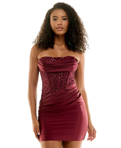 Seni & Cade Juniors' Sequin Corset Draped Dress In Red