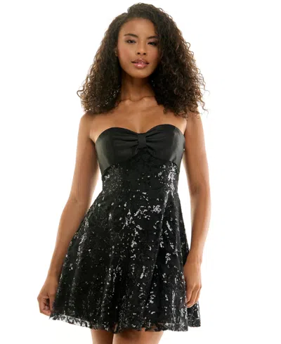 Seni & Cade Juniors' Sequin Fit & Flare Satin Bow Dress In Black