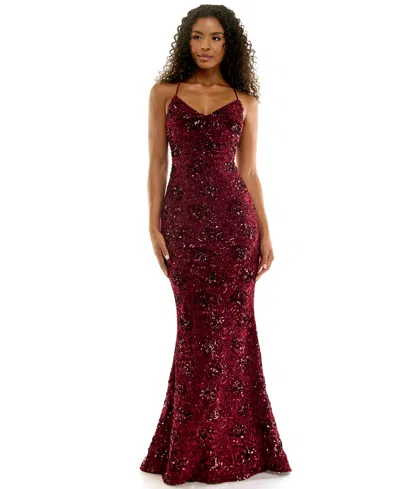 Seni & Cade Juniors' Sequin Floor-length V-neck Gown In Burgundy