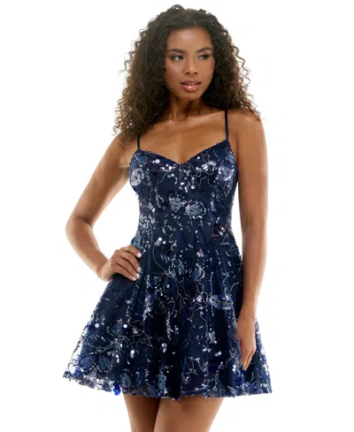 Seni & Cade Juniors' Sequin Floral-embroidered Fit-and-flare Mini Dress In Blue