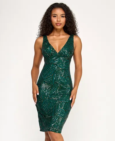 Seni & Cade Juniors' Sequin Plunge Neck Midi Low-back Dress In Green