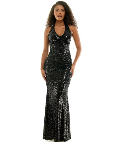 Seni & Cade Juniors' Sequin-beaded Halter Long Drape-back Gown In Black