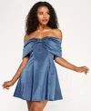 Seni & Cade Juniors' Shimmer Off-the-shoulder Bow Front Dress In Blue