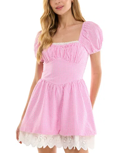 Seni & Cade Juniors' Square-neck Cotton Gingham Dress In Pink