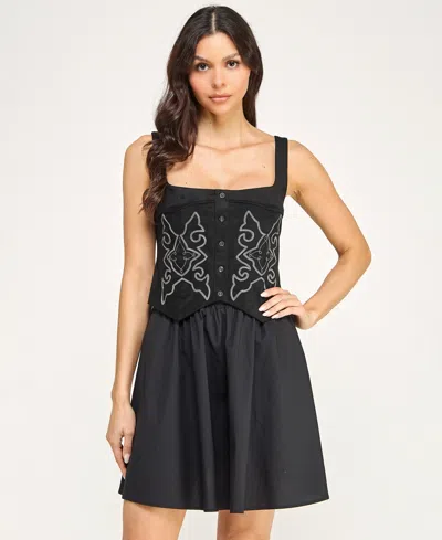 Seni & Cade Juniors' Square Neck Embroidered Vest Lace Up Back With Short Skirt In Black