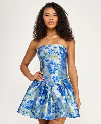 Seni & Cade Juniors' Strapless Brocade Dress In Blue