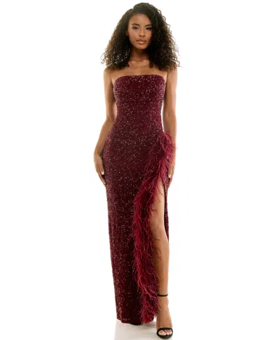 Seni & Cade Juniors' Strapless Sequin Feather-trimmed Side Slit Gown In Burgundy