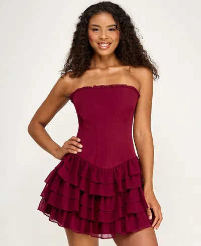 Seni & Cade Juniors' Strapless Tiered Ruffle Mini Dress In Burgundy