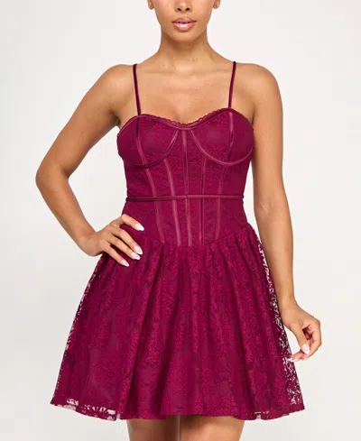 Seni & Cade Juniors' Sweetheart Neck Sleeveless Lace Corset Dress In Burgundy