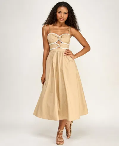 Seni & Cade Juniors' Tie Shoulder Twisted Front Midi Dress In Neutral