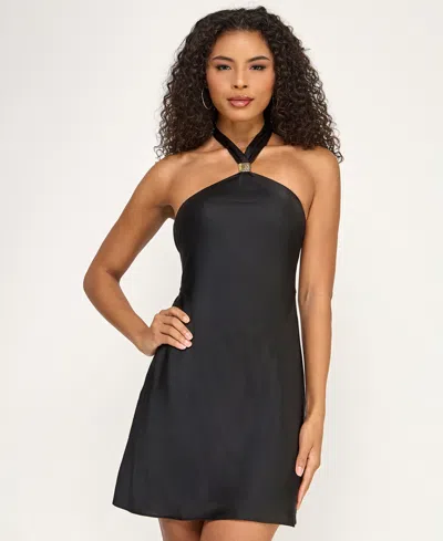 Seni & Cade Juniors' Tie-back Satin A-line Dress In Black