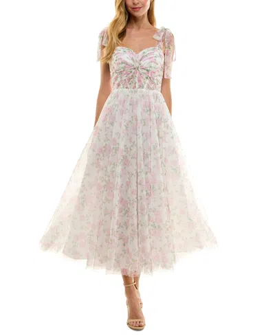 Seni & Cade Juniors' Twist-front Shoulder-tie Midi Dress In Ivory,blush