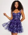 Seni & Cade Juniors' Twisted Printed Mesh Fit & Flare Dress In Purple