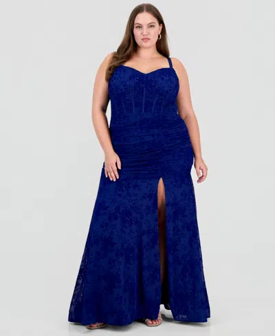 Seni & Cade Plus Size Corset Flocked Mesh V-neck Gown In Blue