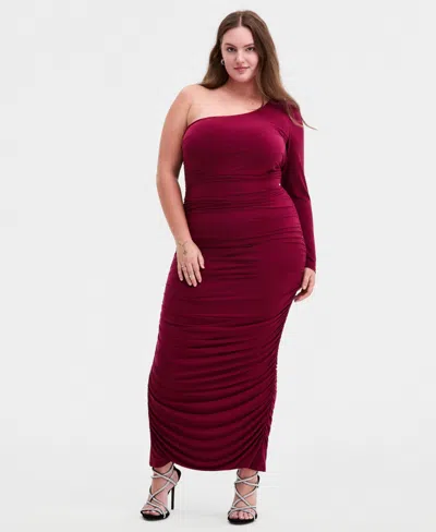 Seni & Cade Trendy Plus Size One-shoulder Ruched Dress In Burgundy