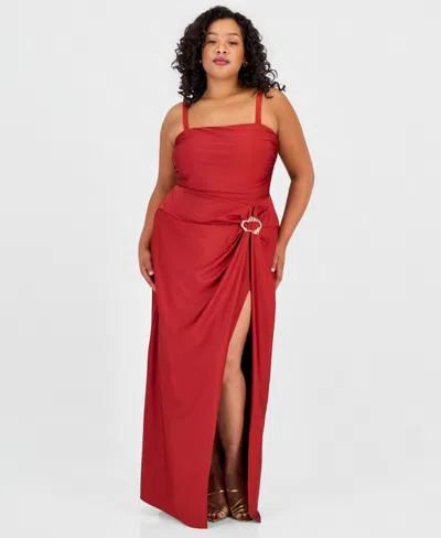 Seni & Cade Trendy Plus Size Ruched Sleeveless Gown In Brown