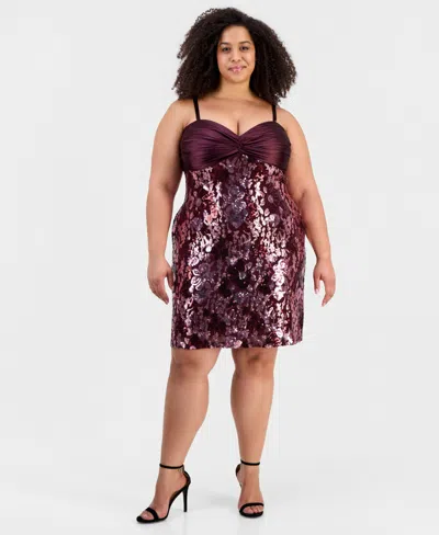 Seni & Cade Trendy Plus Size Twist-front Satin Bandeau Sequin Skirt Dress In Purple