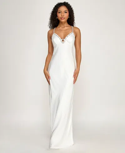 Seni & Cade Women's Rhinestone Trim Long V-neck Slip Dress In White