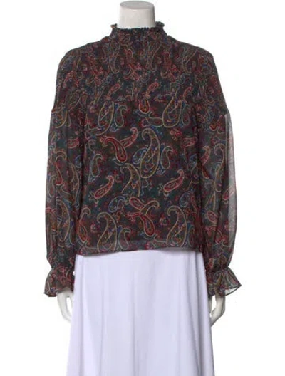 Pre-owned Senlis Paisley Print Mock Neck Blouse In Black