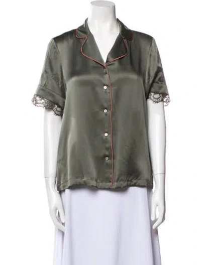 Pre-owned Senreve Silk Short Sleeve Button-up Top In Green