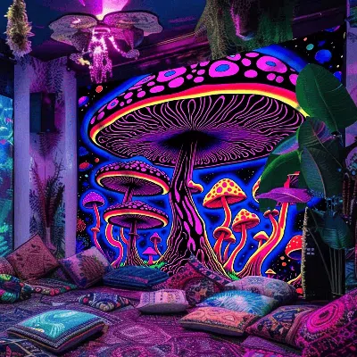 Senrotini 1pc Large Peach Skin Velvet Tapestry, Uv Reactive Fluorescent Mushroom Forest Landscape, Aesthetic H In Multi